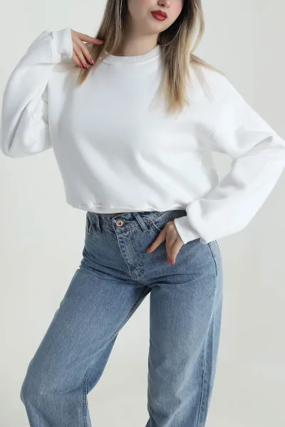 Beyaz Şardonlu Üç İp Kadın Fermuarsız Sweat 486052