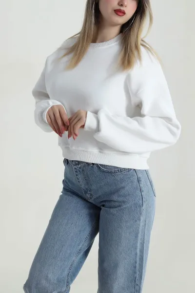 Beyaz Şardonlu Üç İp Kadın Fermuarsız Sweat 486052