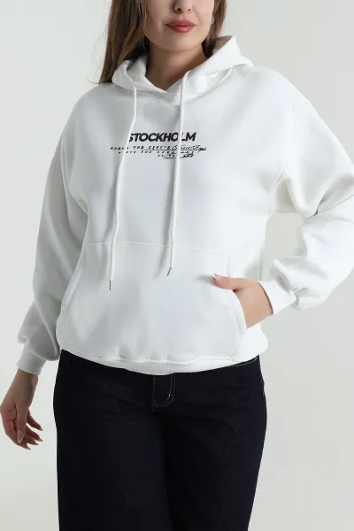 Beyaz Şardonlu Üç İp Kadın Fermuarsız Sweat 488271