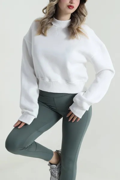 Beyaz Şardonlu Üç İp Kadın Fermuarsız Sweat 488604