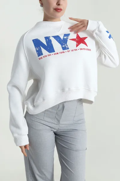 Beyaz Şardonlu Üç İp Kadın Fermuarsız Sweat 493840