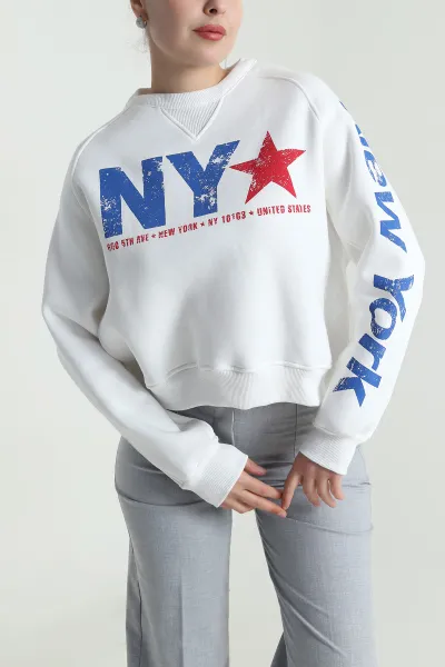 Beyaz Şardonlu Üç İp Kadın Fermuarsız Sweat 493840