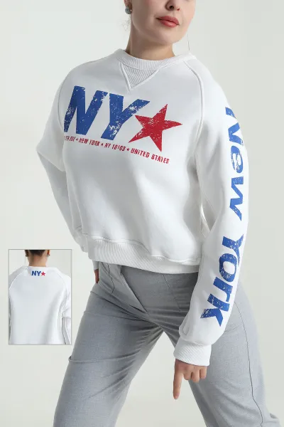 Beyaz Şardonlu Üç İp Kadın Fermuarsız Sweat 493840