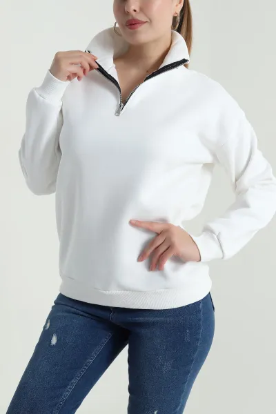 Beyaz Şardonlu Üç İp Kadın Sweat 484596