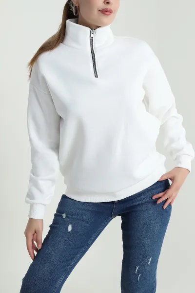 Beyaz Şardonlu Üç İp Kadın Sweat 484596