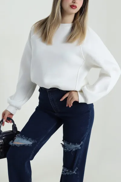 Beyaz Şardonlu Üç İp Kadın Sweat 487111