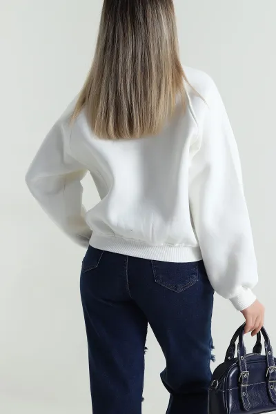 Beyaz Şardonlu Üç İp Kadın Sweat 487111