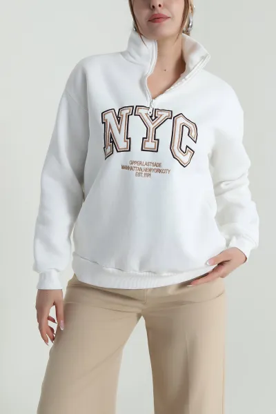 Beyaz Şardonlu Üç İp Kadın Sweat 487149