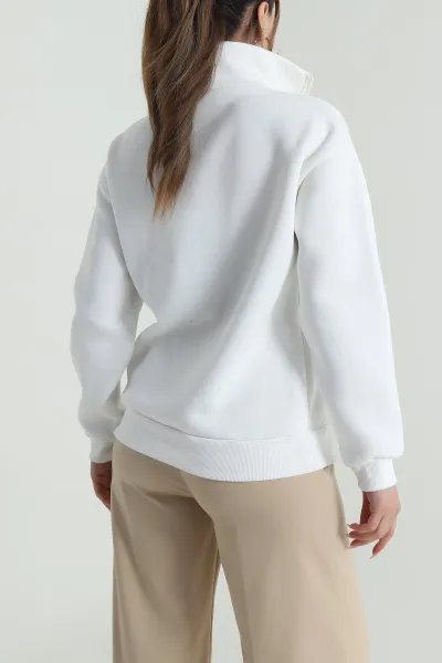 Beyaz Şardonlu Üç İp Kadın Sweat 487149