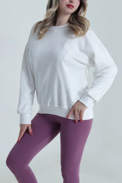 Beyaz Şardonsuz Üç İp Kadın Fermuarsız Sweat 485123