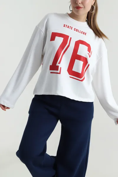 Beyaz Şardonsuz Üç İp Kadın Fermuarsız Sweat 496400