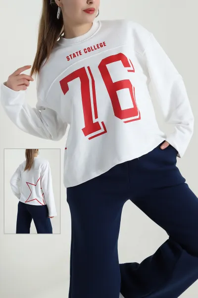 Beyaz Şardonsuz Üç İp Kadın Fermuarsız Sweat 496400