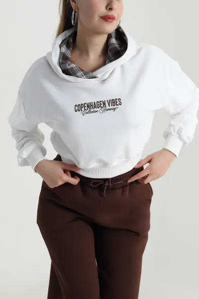 Beyaz Şardonsuz Üç İp Kadın Fermuarsız Sweat 496406