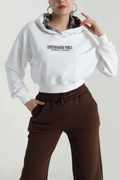 Beyaz Şardonsuz Üç İp Kadın Fermuarsız Sweat 496406