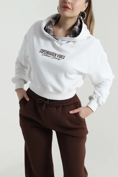 Beyaz Şardonsuz Üç İp Kadın Fermuarsız Sweat 496406