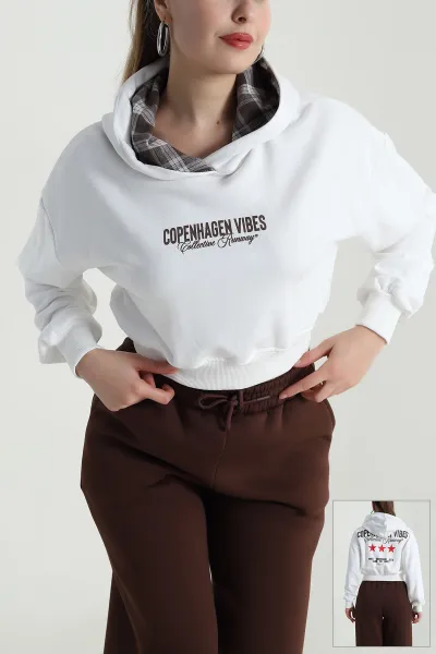 Beyaz Şardonsuz Üç İp Kadın Fermuarsız Sweat 496406