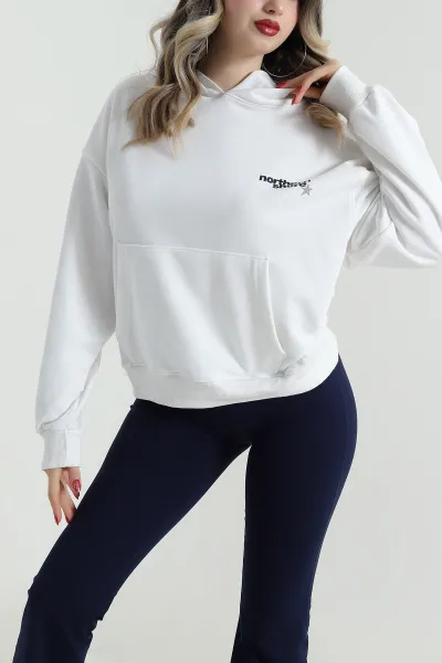 Beyaz Şardonsuz Üç İp Kadın Fermuarsız Sweat 498039
