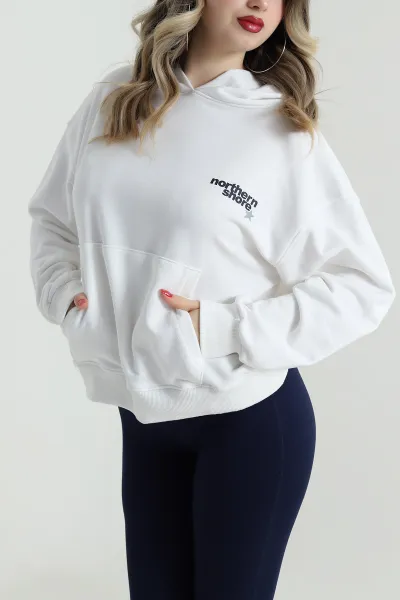 Beyaz Şardonsuz Üç İp Kadın Fermuarsız Sweat 498039