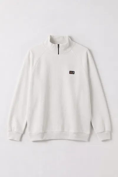 Beyaz Selanik Yarım Fermuarlı Boğazlı Erkek Sweat 497736