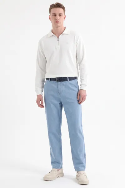 Beyaz Selanik Yarım Fermuarlı Polo Yaka Erkek Sweatshirt 494488