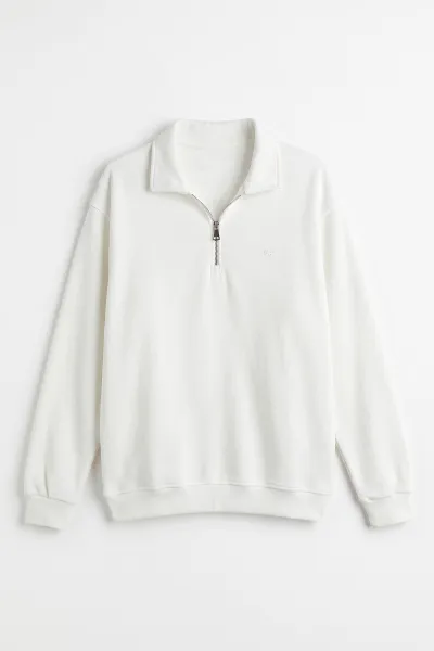 Beyaz Selanik Yarım Fermuarlı Polo Yaka Erkek Sweatshirt 494488