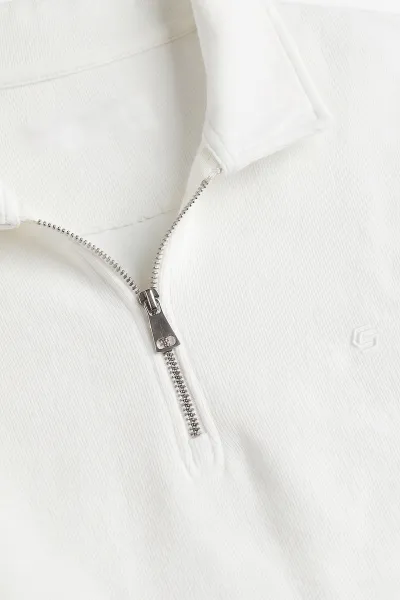 Beyaz Selanik Yarım Fermuarlı Polo Yaka Erkek Sweatshirt 494488