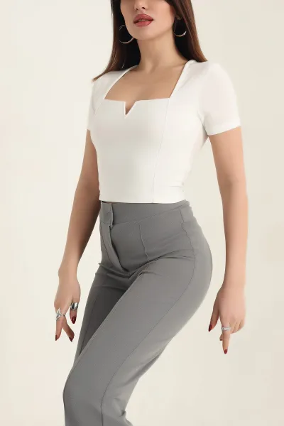 Beyaz Sendy Kumaş Crop Bluz 337565