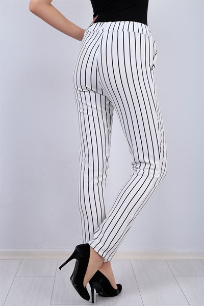Beyaz Şeritli Bayan Kumaş Pantolon 13009B