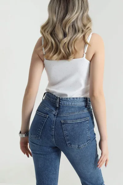 Beyaz Serpme Taşlı Oysho Kadın Zıbın Bluz 475267