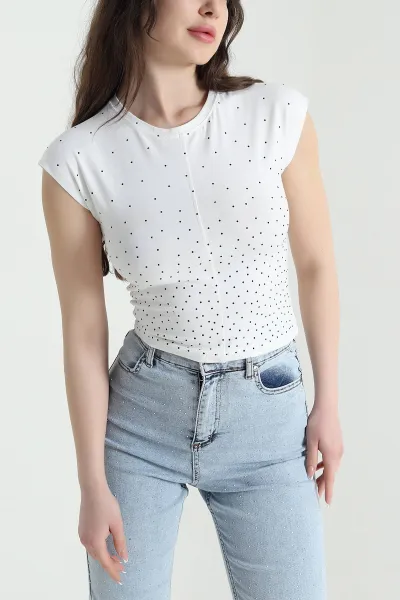 Beyaz Serpme Taşlı Süprem Kadın Bluz 453347