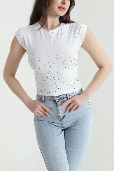 Beyaz Serpme Taşlı Süprem Kadın Bluz 453347