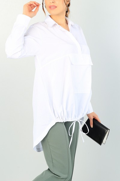 Beyaz Sıkmalı Tasarım Poplin Tunik 70945