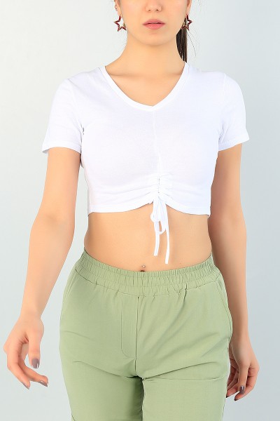 Beyaz Sıkmalı V Yaka Bayan Crop 65273