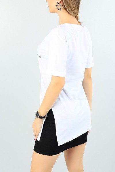 Beyaz Sim Baskı Tasarımlı Bayan Tişört 61449