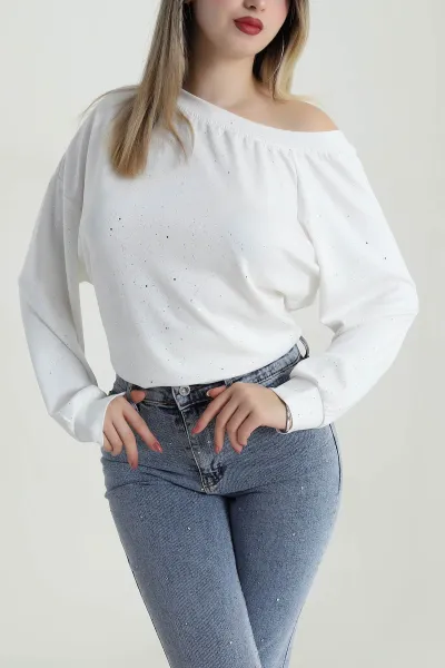 Beyaz Simli Likralı Oysho Kadın Bluz 486639