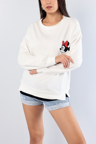 Beyaz Sırt Baskılı Garnili Bayan Sweat 81191