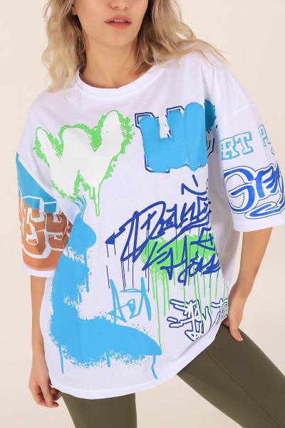 Beyaz Sırtı Baskılı Oversize Tişört 172826