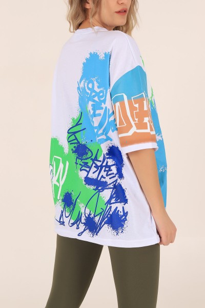 Beyaz Sırtı Baskılı Oversize Tişört 172826
