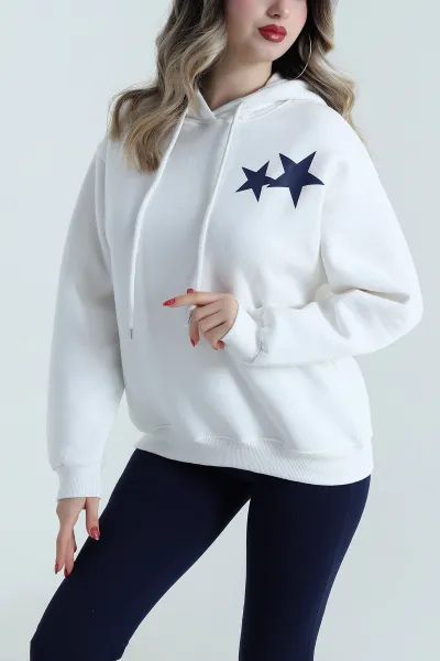 Beyaz Sırtı Baskılı Şardonlu Kadın Fermuarsız Sweat 498435