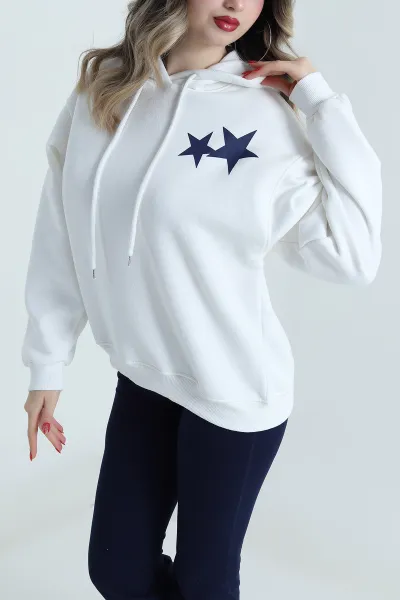 Beyaz Sırtı Baskılı Şardonlu Kadın Fermuarsız Sweat 498435