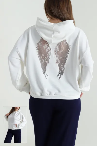 Beyaz Sırtı Dantelli Şardonsuz Üç İp Kadın Sweat 494400