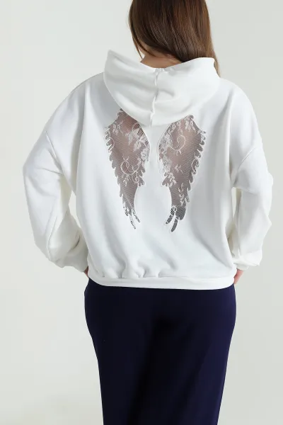 Beyaz Sırtı Dantelli Şardonsuz Üç İp Kadın Sweat 494400