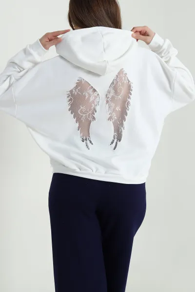 Beyaz Sırtı Dantelli Şardonsuz Üç İp Kadın Sweat 494400