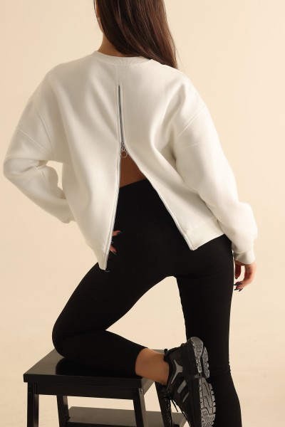 Beyaz Sırtı Fermuarlı Şardonlu Sweat 216650