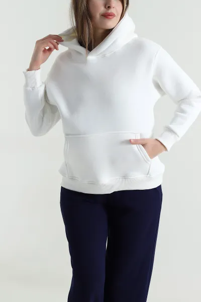 Beyaz Sırtı Pul İşlemeli Şardonlu Kadın Fermuarsız Sweat 494472