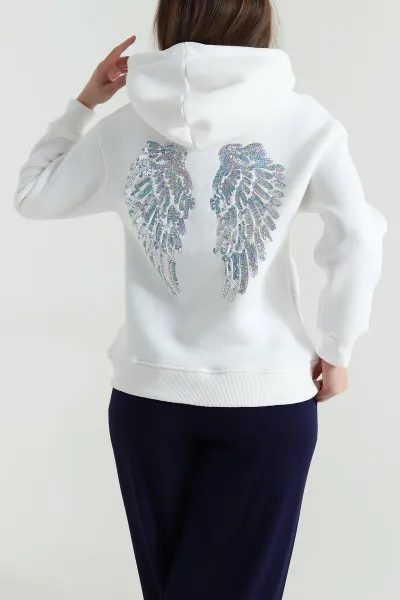 Beyaz Sırtı Pul İşlemeli Şardonlu Kadın Fermuarsız Sweat 494472