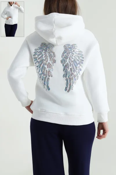 Beyaz Sırtı Pul İşlemeli Şardonlu Kadın Fermuarsız Sweat 494472