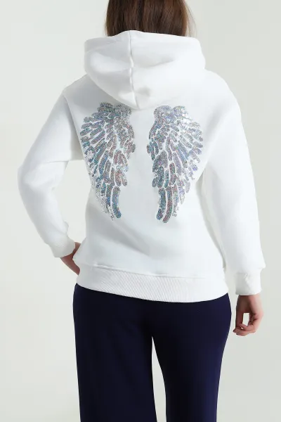 Beyaz Sırtı Pul İşlemeli Şardonlu Kadın Fermuarsız Sweat 494472