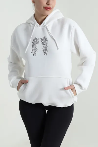 Beyaz Sırtı Taşlı Kadın Şardonlu Fermuarlı Sweat 496108