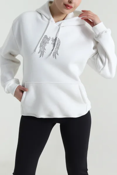 Beyaz Sırtı Taşlı Kadın Şardonlu Fermuarlı Sweat 496108